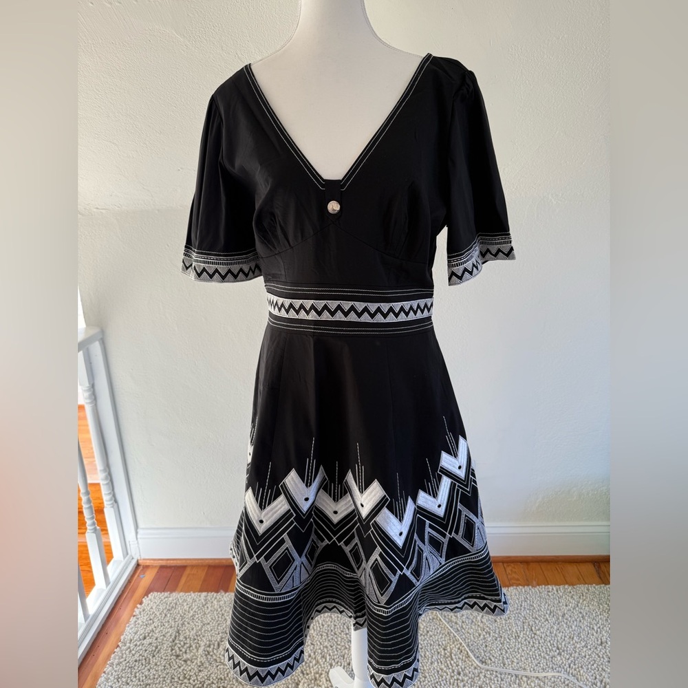 Black V-Neck Embroidered Fit & Flare Dress